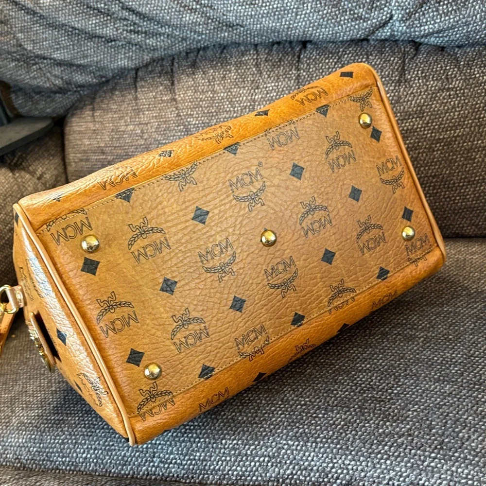 MCM Cognac Visetos Boston Bag with Strap